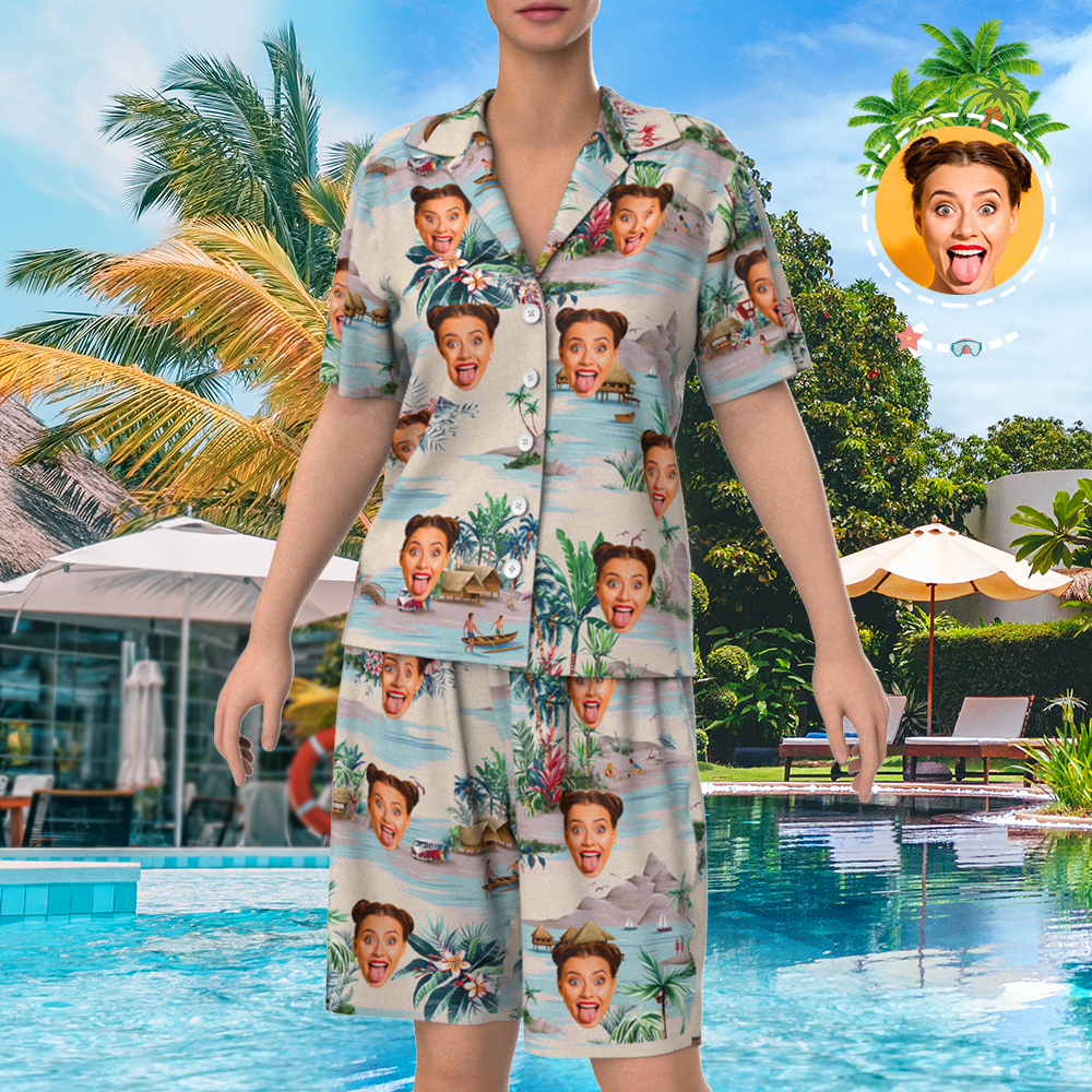 Custom Face On Pajamas Set, Short Sleeve Sleepwear, Button-Down Nightwear - Landscape Pattern-FaceSocksUSA