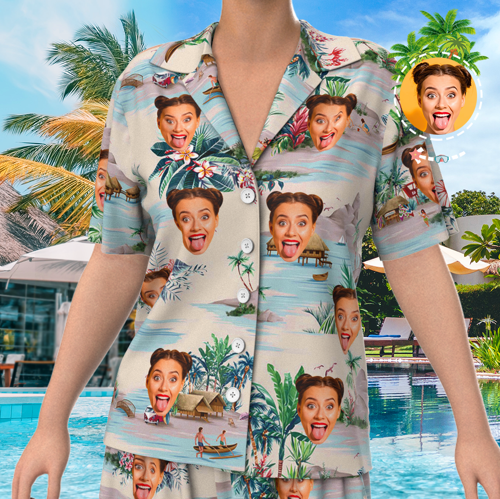 Custom Face On Pajamas Set, Short Sleeve Sleepwear, Button-Down Nightwear - Landscape Pattern-FaceSocksUSA
