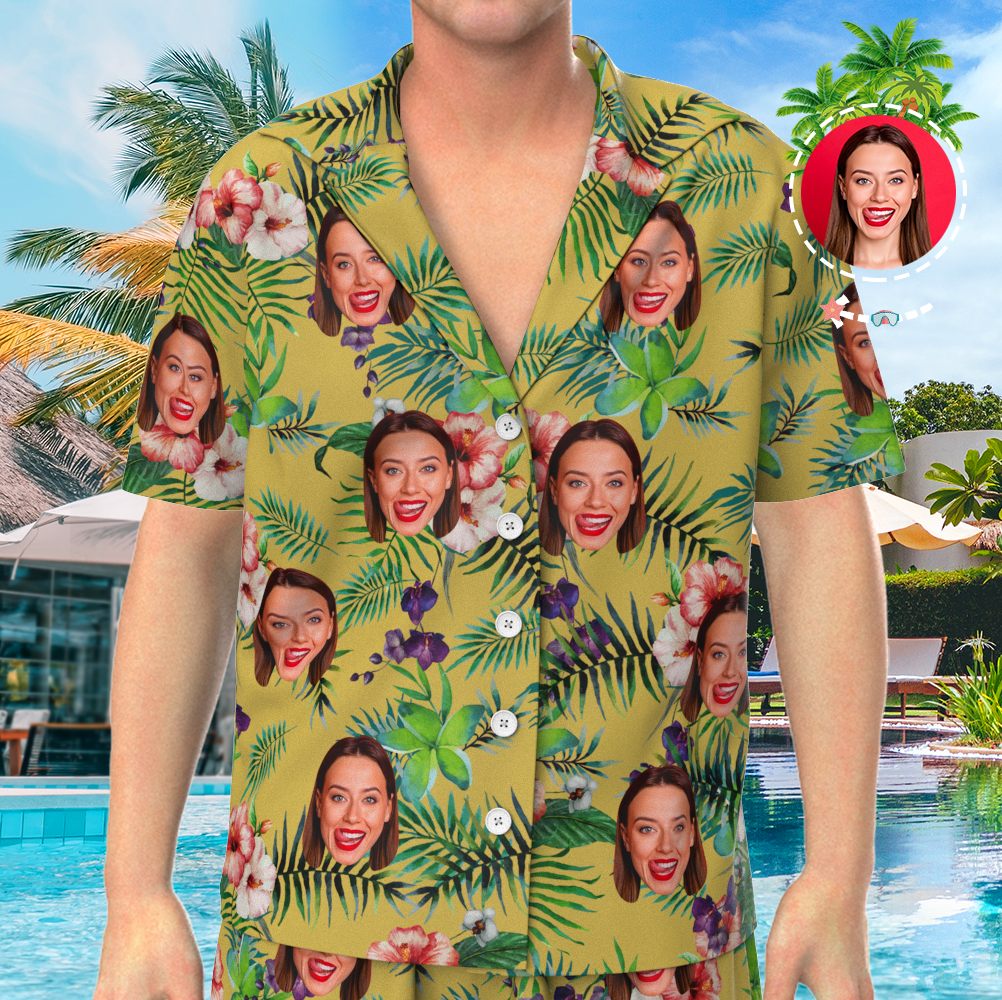 Custom Face On Pajamas Set, Short Sleeve Sleepwear, Button-Down Nightwear - Yellow-FaceSocksUSA