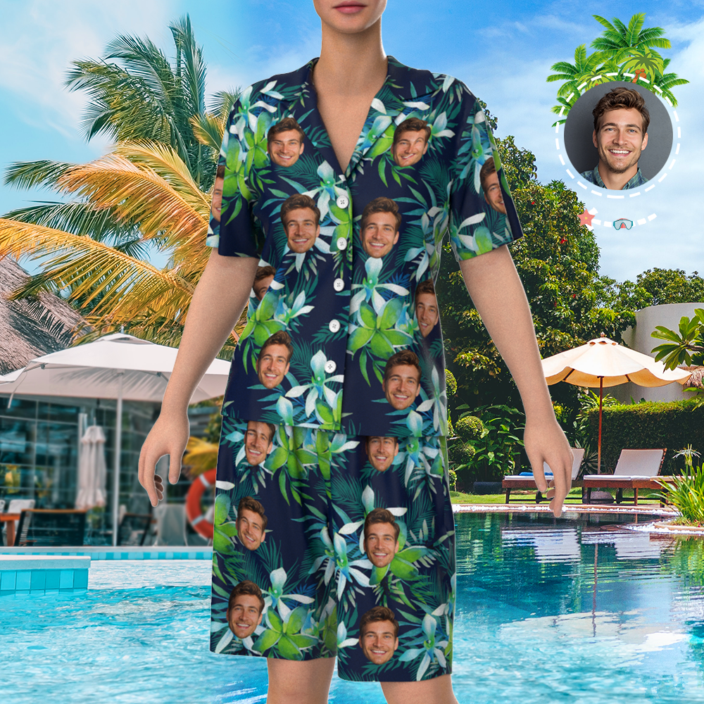 Custom Face On Pajamas Set, Short Sleeve Sleepwear, Button-Down Nightwear - Leaves-FaceSocksUSA