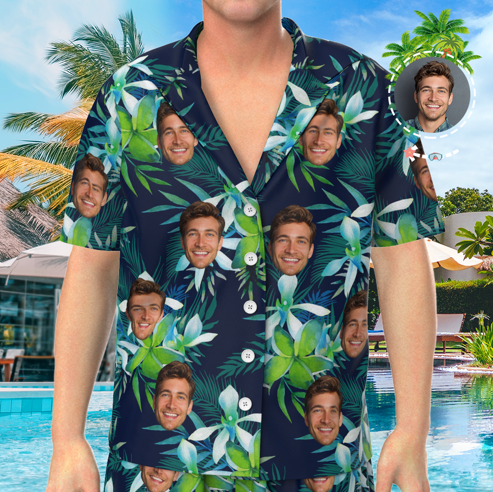 Custom Face On Pajamas Set, Short Sleeve Sleepwear, Button-Down Nightwear - Leaves-FaceSocksUSA