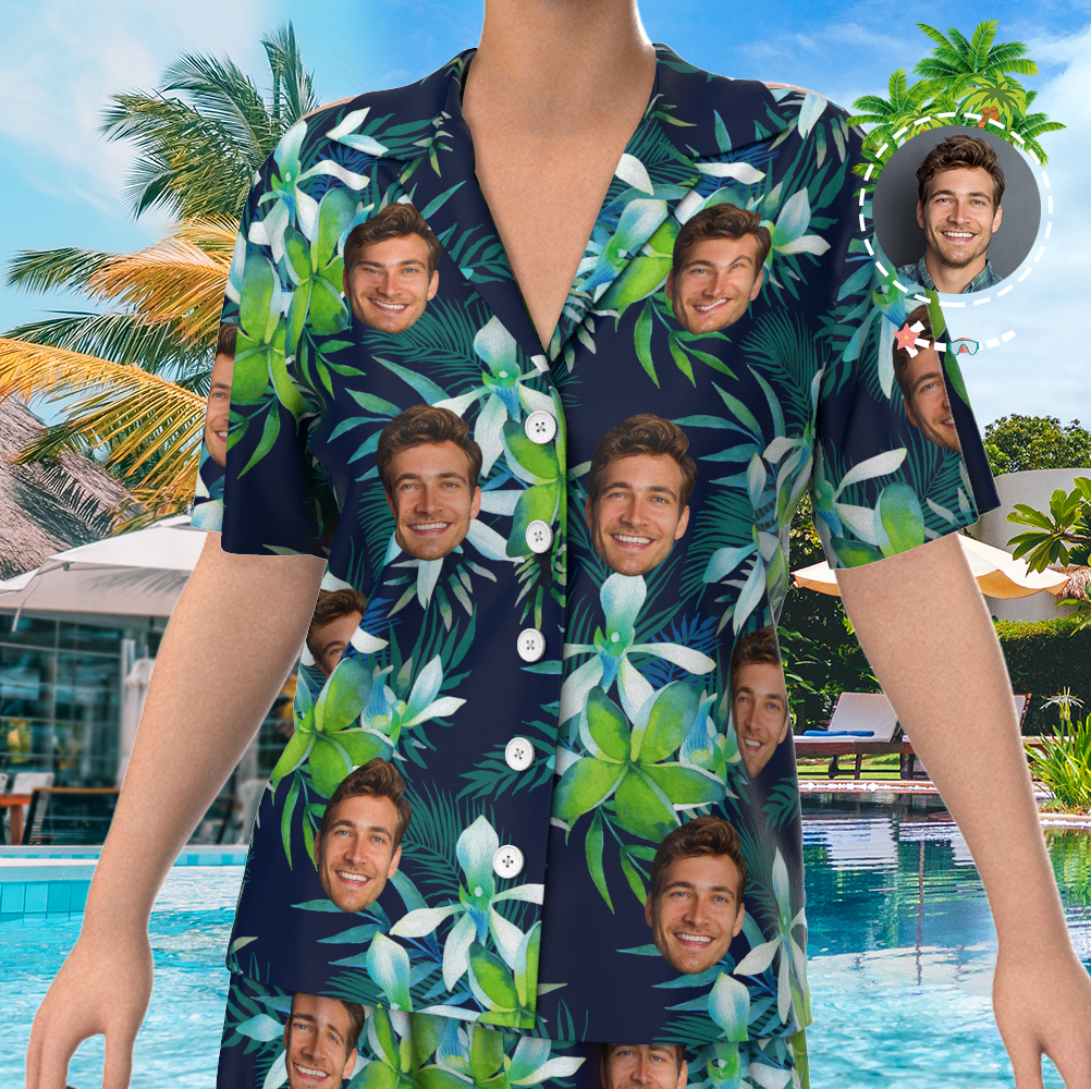 Custom Face On Pajamas Set, Short Sleeve Sleepwear, Button-Down Nightwear - Leaves-FaceSocksUSA
