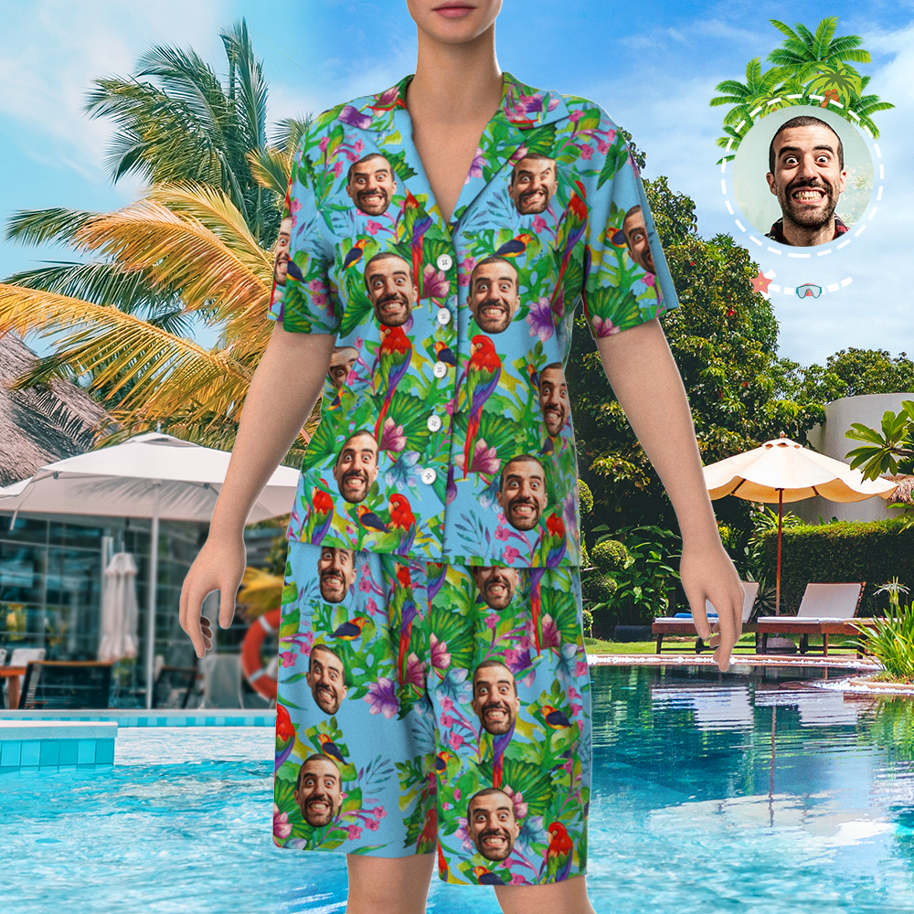 Custom Face On Pajamas Set, Short Sleeve Sleepwear, Button-Down Nightwear - Parrot-FaceSocksUSA