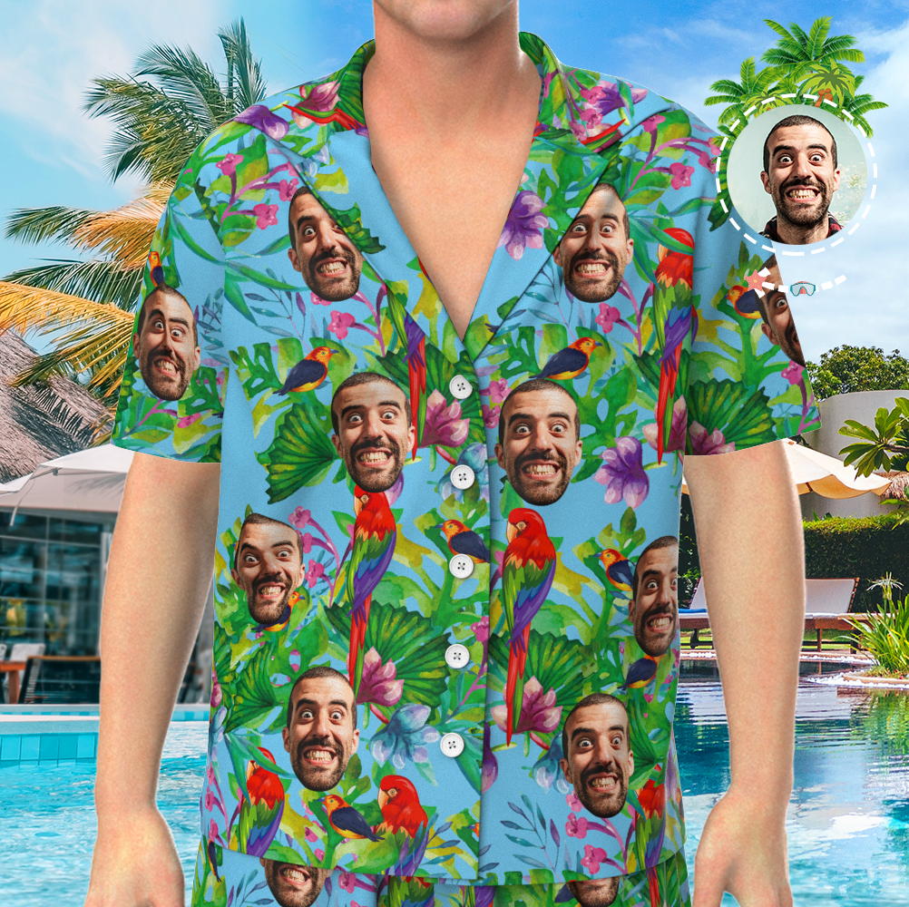 Custom Face On Pajamas Set, Short Sleeve Sleepwear, Button-Down Nightwear - Parrot-FaceSocksUSA