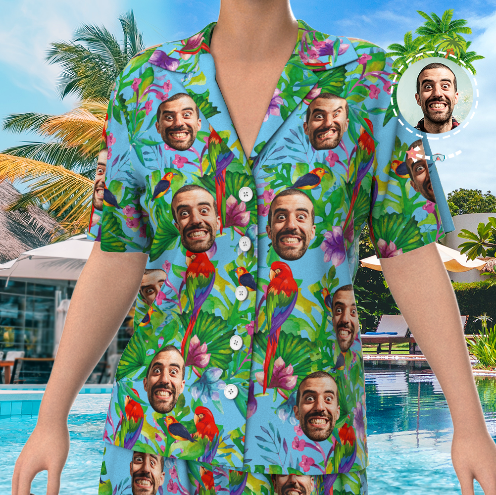 Custom Face On Pajamas Set, Short Sleeve Sleepwear, Button-Down Nightwear - Parrot-FaceSocksUSA