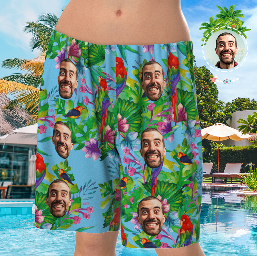 Custom Face On Pajamas Set, Short Sleeve Sleepwear, Button-Down Nightwear - Parrot-FaceSocksUSA