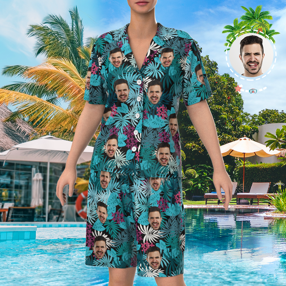 Custom Face On Pajamas Set, Short Sleeve Sleepwear, Button-Down Nightwear - Courful Leaves-FaceSocksUSA