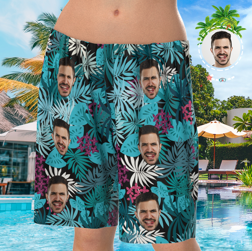 Custom Face On Pajamas Set, Short Sleeve Sleepwear, Button-Down Nightwear - Courful Leaves-FaceSocksUSA