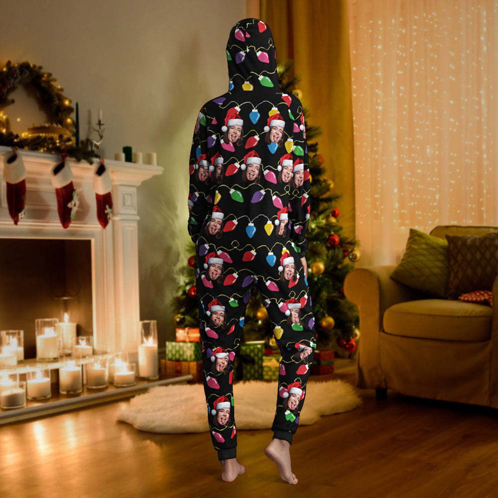 Custom Face Christmas Lights Printed Flannel Fleece Onesie Pajamas Personalized Face Jumpsuit Homewear Christmas Gift	 - FaceSocksUSA