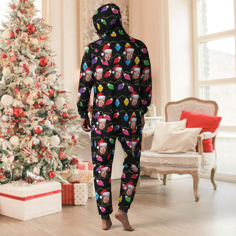 Custom Face Christmas Lights Printed Flannel Fleece Onesie Pajamas Personalized Face Jumpsuit Homewear Christmas Gift - FaceSocksUSA