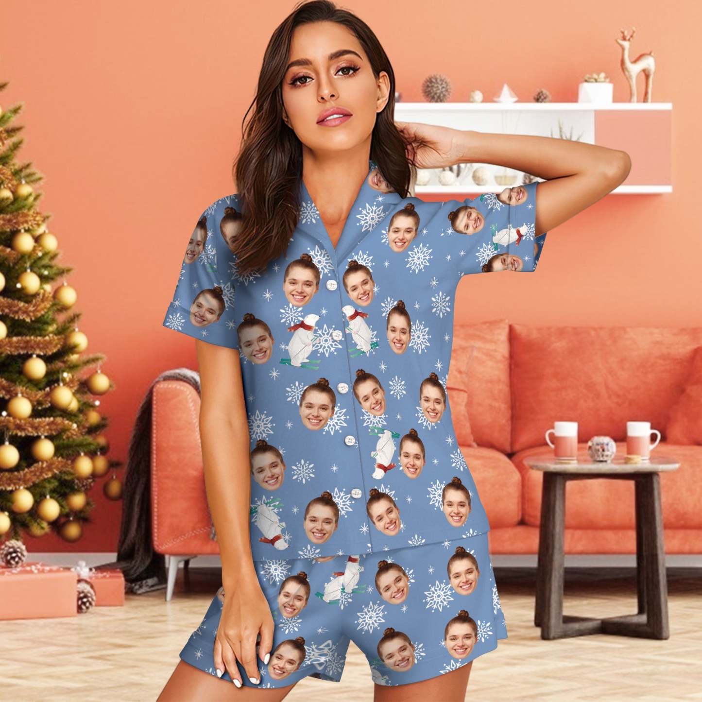 Custom Face Pajamas Blue pajamas Cute Polar Bear Christmas Pajamas	 - FaceSocksUSA