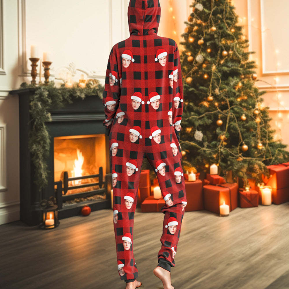 Custom Onesies Photo Pajamas One-Piece Sleepwear Red and Black Plaid Jumpsuit Homewear Christmas Gift - FaceSocksUSA
