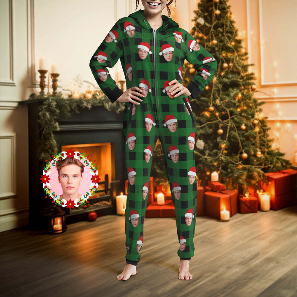 Custom Onesies Photo Pajamas One-Piece Sleepwear Red and Black Plaid Jumpsuit Homewear Christmas Gift - FaceSocksUSA