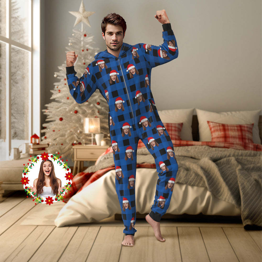 Custom Onesies Photo Pajamas One-Piece Sleepwear Red and Black Plaid Jumpsuit Homewear Christmas Gift - FaceSocksUSA