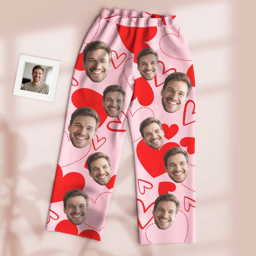 Custom Pajamas Pants White Base Hollow Dotted Line Solid Heart Valentine's Gift for Her - FaceSocksUSA
