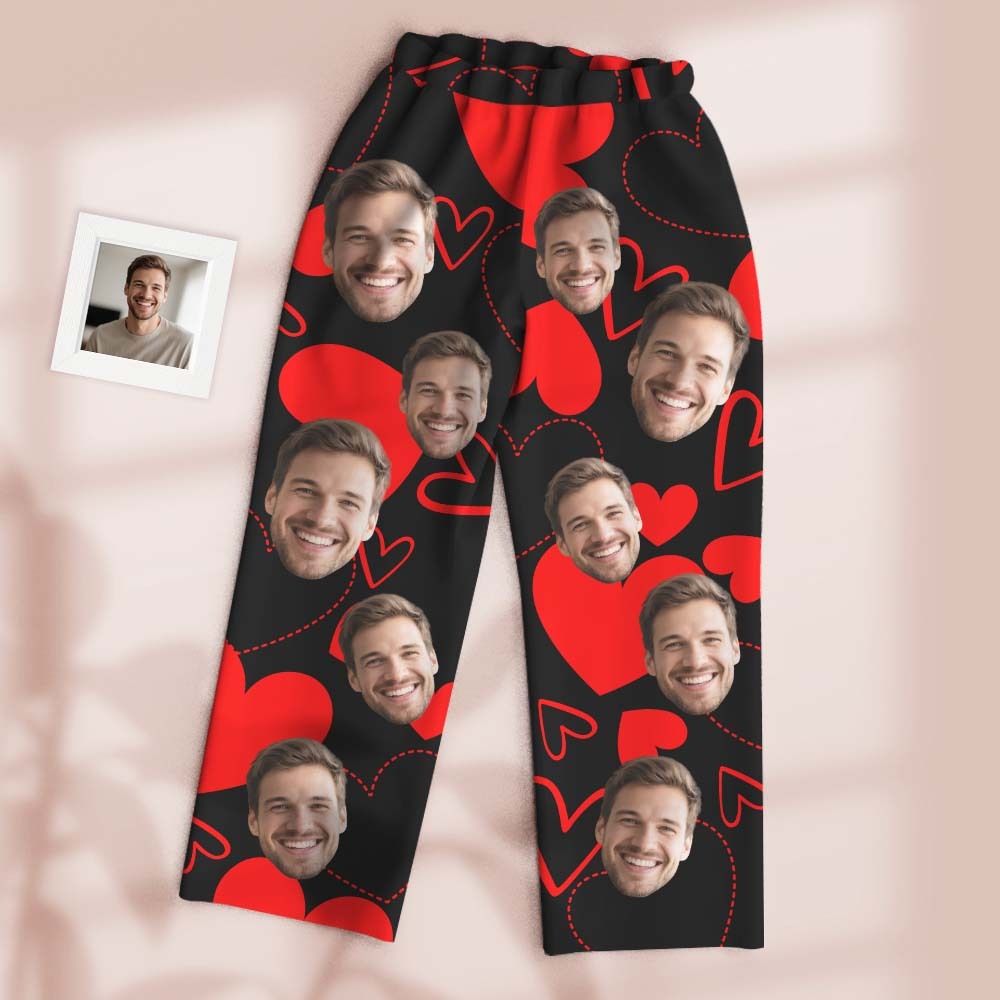 Custom Pajamas Pants White Base Hollow Dotted Line Solid Heart Valentine's Gift for Her - FaceSocksUSA