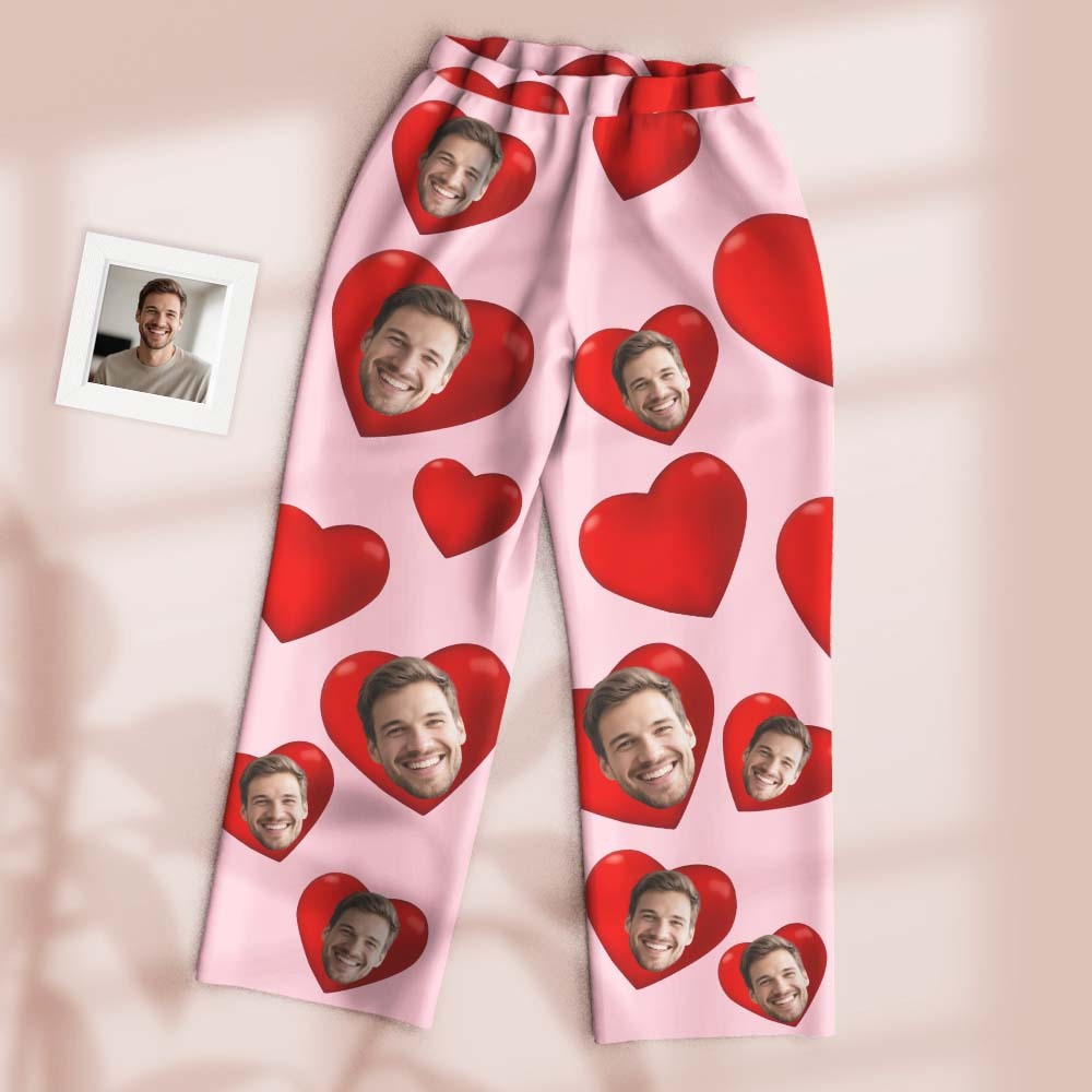 Custom Pajamas Pants Dark Tone with Embedded Photo Hearts Adjustable Waistband Multiple Color Options Valentine's Day Gift - FaceSocksUSA