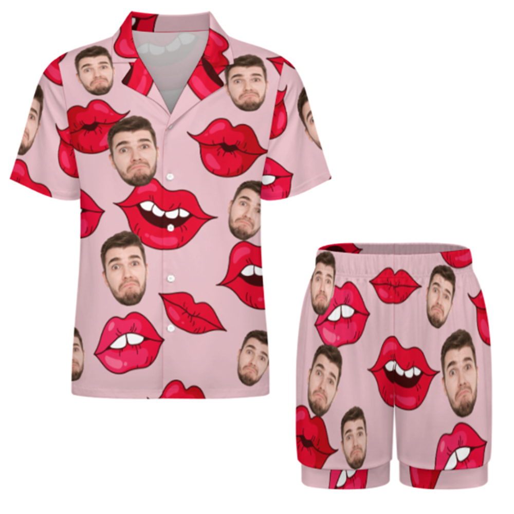 Custom Face Short Sleeve Pajamas Custom Red Lips Photo Pajamas Suit