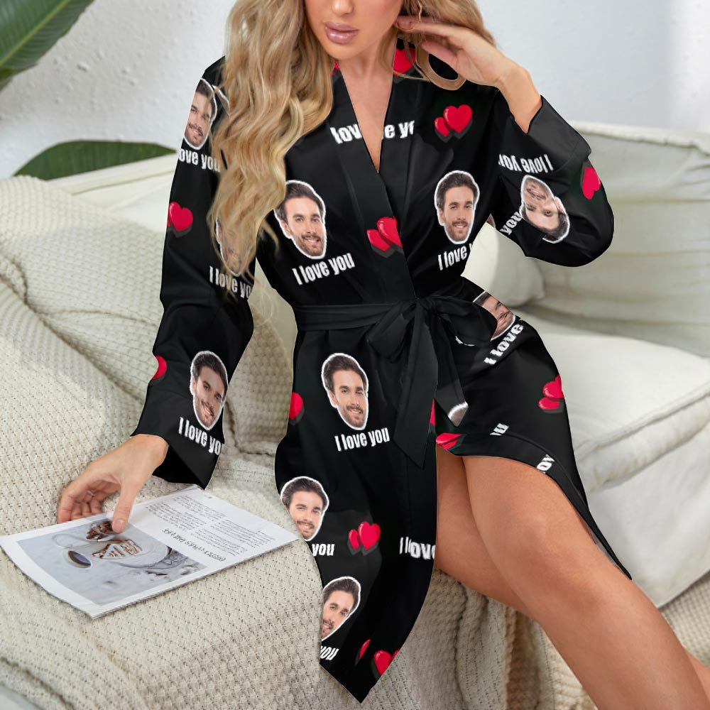 Custom Face Love Heart Long Sleeve Nightgown - I Love You - FaceSocksUSA