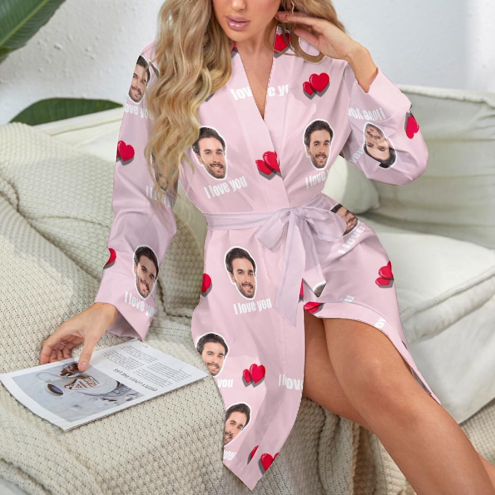 Custom Face Love Heart Long Sleeve Nightgown - I Love You - FaceSocksUSA