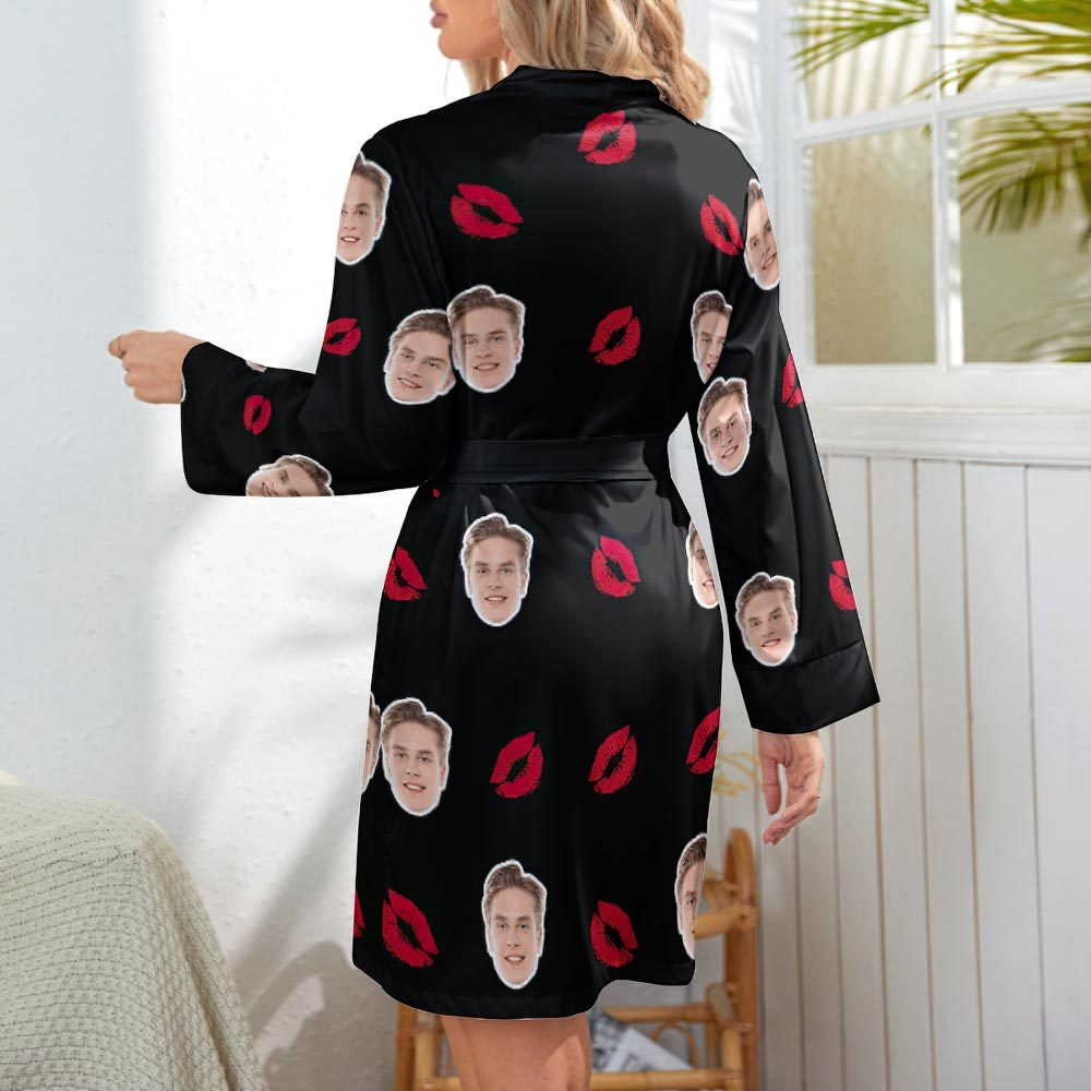 Custom Face Lip Print Long Sleeve Nightgown - Kiss - FaceSocksUSA