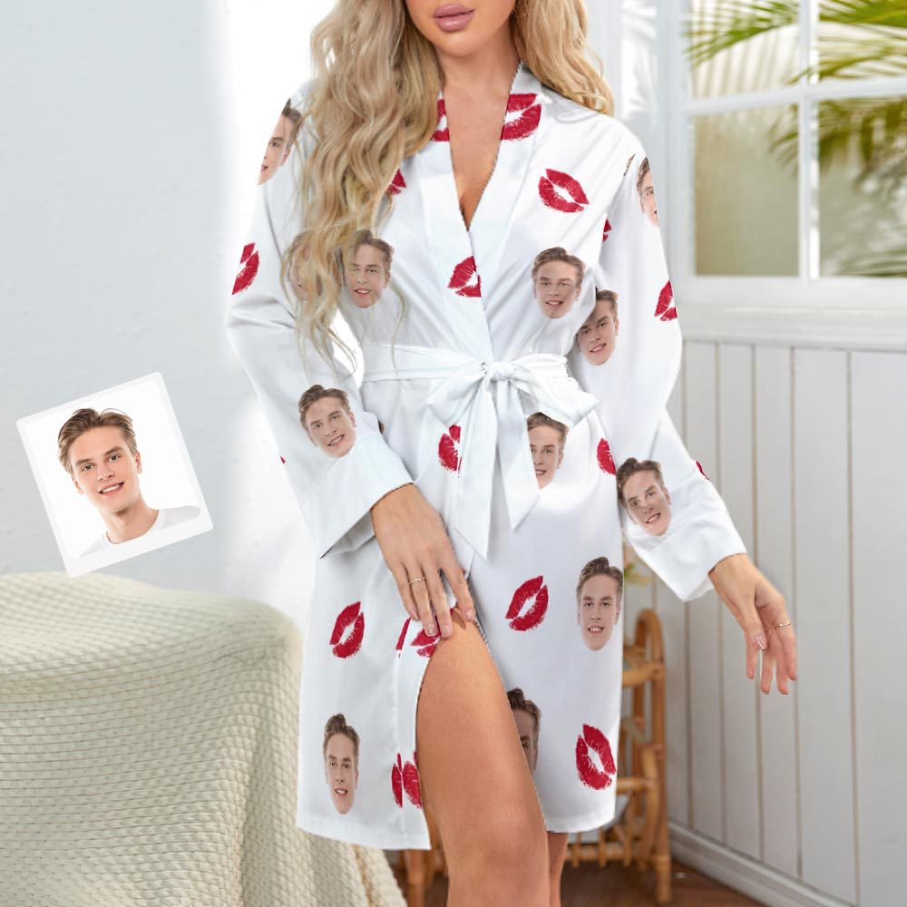 Custom Face Lip Print Long Sleeve Nightgown - Kiss - FaceSocksUSA