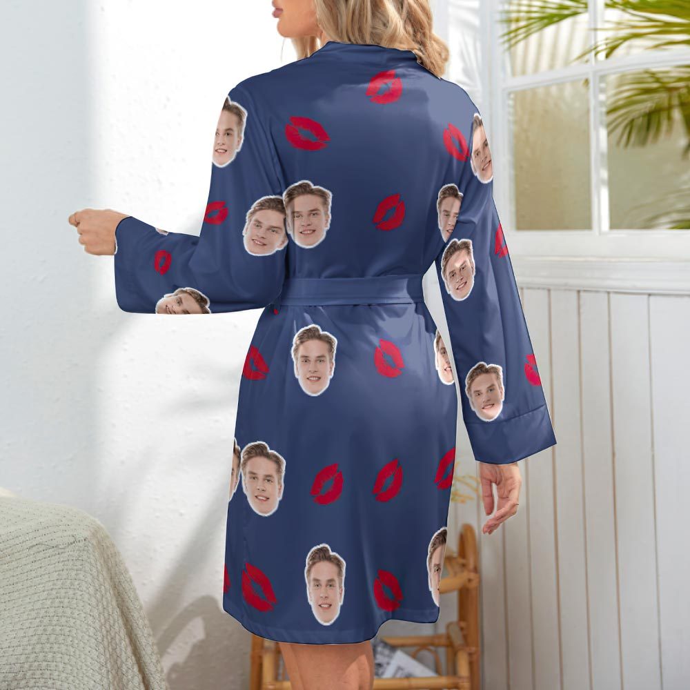 Custom Face Lip Print Long Sleeve Nightgown - Kiss - FaceSocksUSA