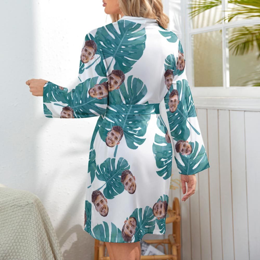 Custom Face Long Sleeved Nightgown Hawaiian Style Large Leaves Pattern - FaceSocksUSA