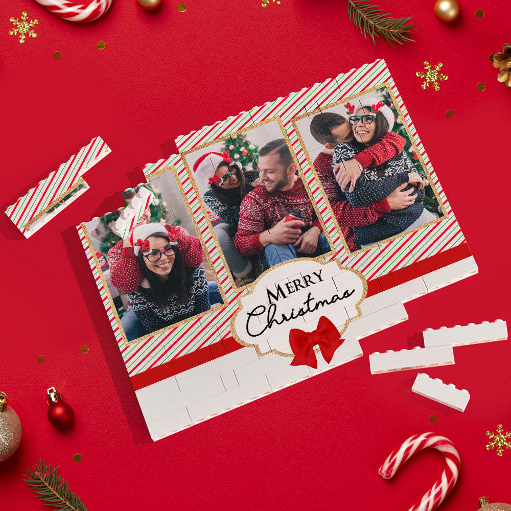 Custom Building Block Puzzle Personalized Horizontal Trio Couple Photo Brick Merry Christmas	 - FaceSocksUSA
