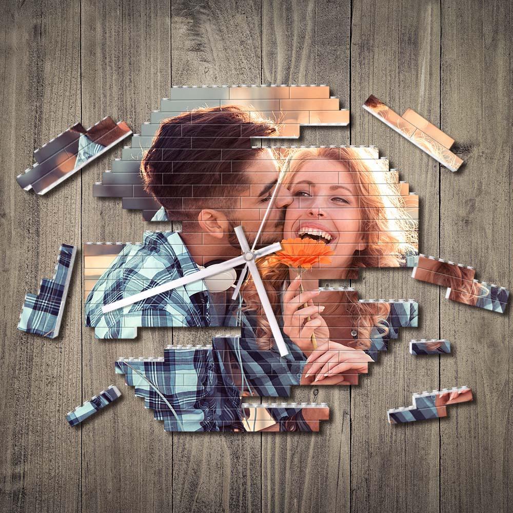 Custom Building Blocks Wall Clock Personalized Puzzle Custom Photo Brick Clock Couple Gift - FaceSocksUsa