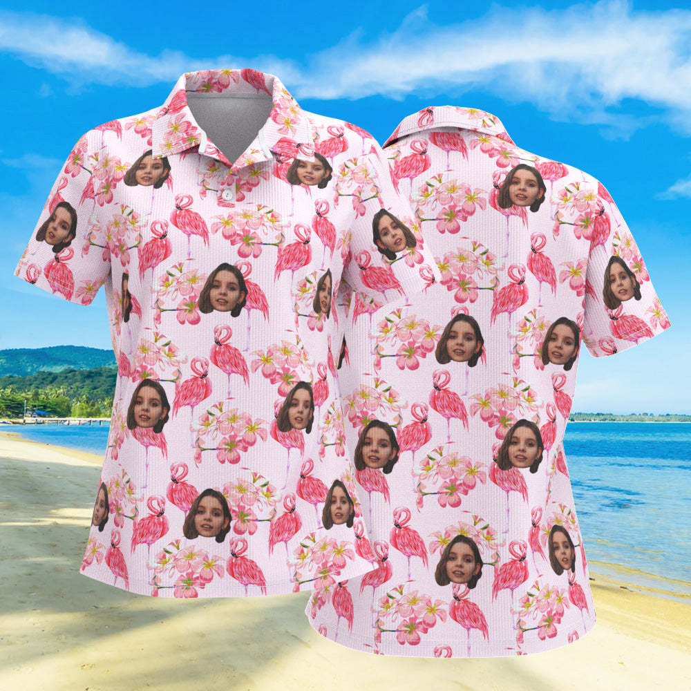 Custom Face Women Polo Shirts Personalized Pink Flamingo Leaves - FaceSocksUSA