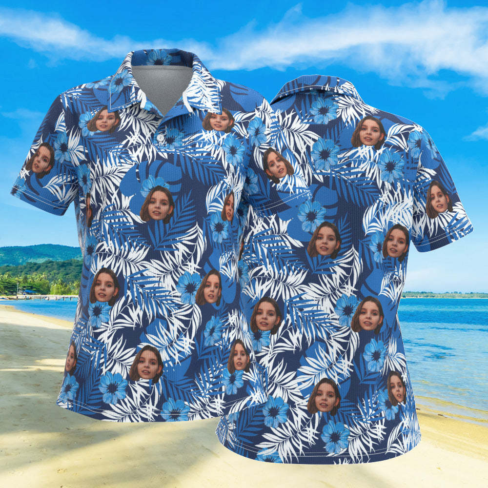 Custom Face Women Polo Shirts Personalized Photo Shirt Blue Flowers - FaceSocksUSA