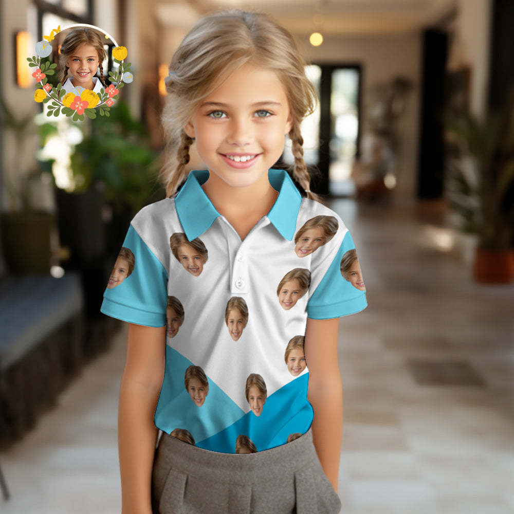 Custom Face Kids Polo Shirts Personalized Photo Shirt Blue and White Splicing - FaceSocksUsa