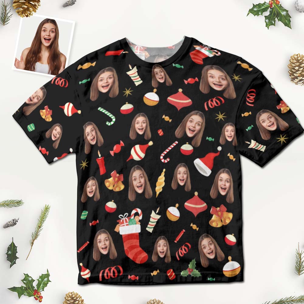 Custom Face T-shirt Christmas Gifts Cute Christmas Candy Christmas T-shirt	 - FaceSocksUSA