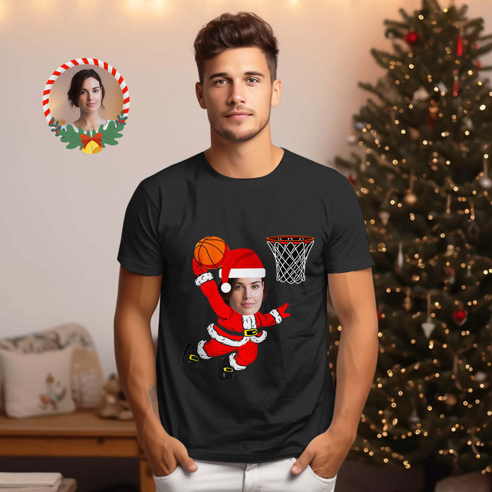 Custom Christmas Face T-shirt Christmas Santa Claus Dunking A Basketball Funny T-Shirt	 - FaceSocksUSA