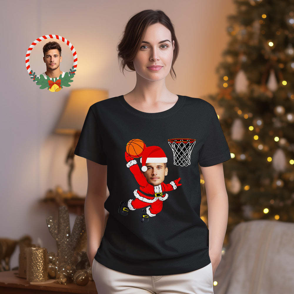 Custom Christmas Face T-shirt Christmas Santa Claus Dunking A Basketball Funny T-Shirt - FaceSocksUSA