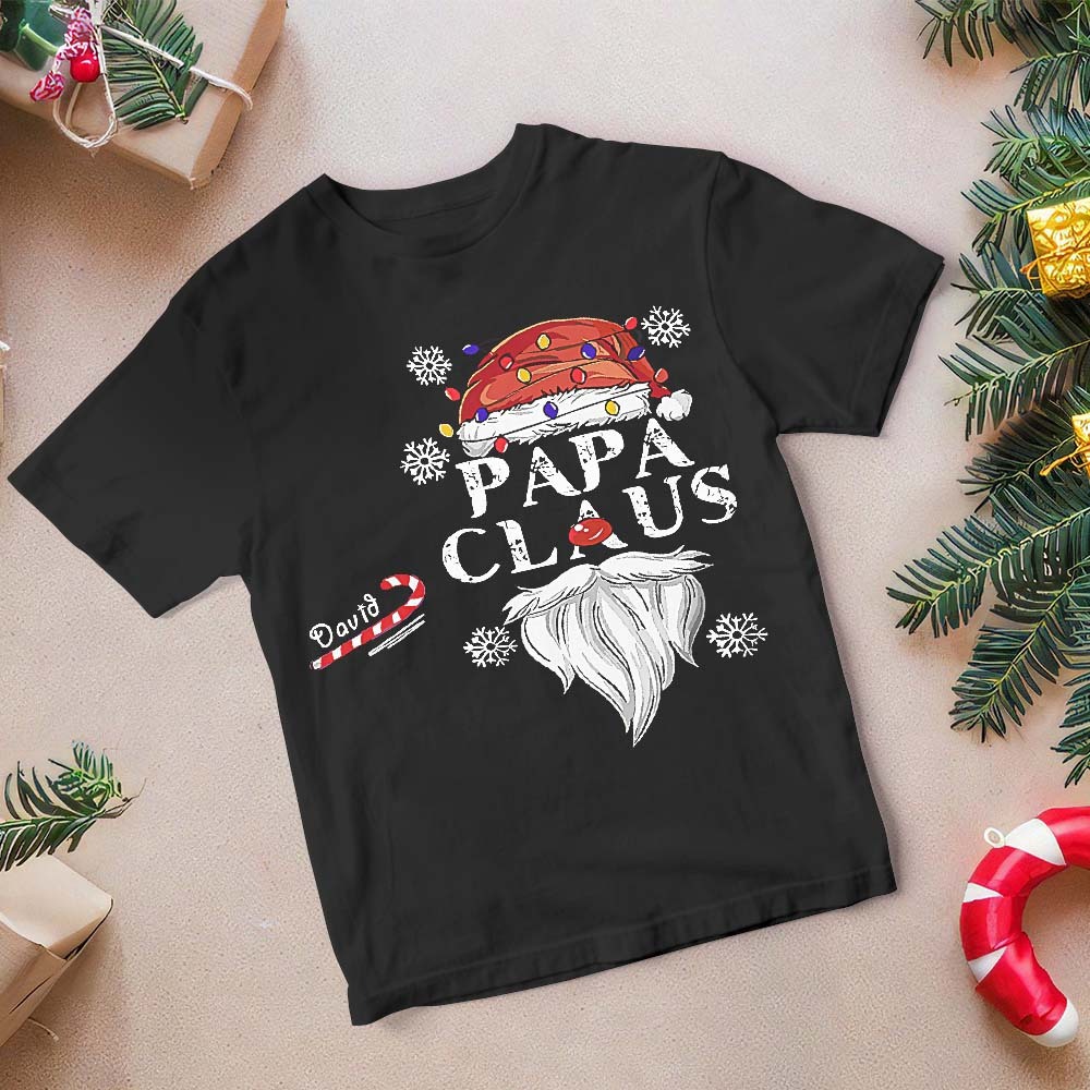 Custom Name T-shirt Papa Claus with Candy Cane Christmas T-Shirt Gift For Dad - FaceSocksUSA