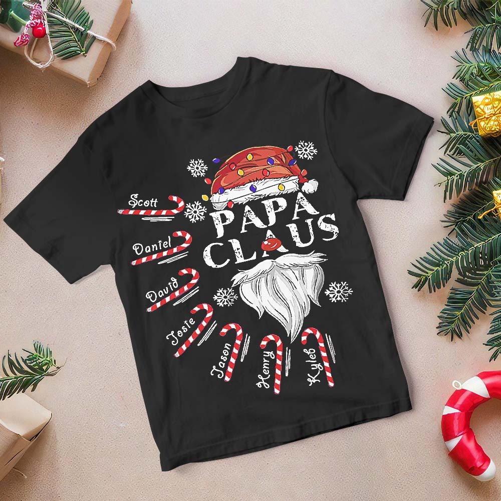 Custom Name T-shirt Papa Claus with Candy Cane Christmas T-Shirt Gift For Dad - FaceSocksUSA