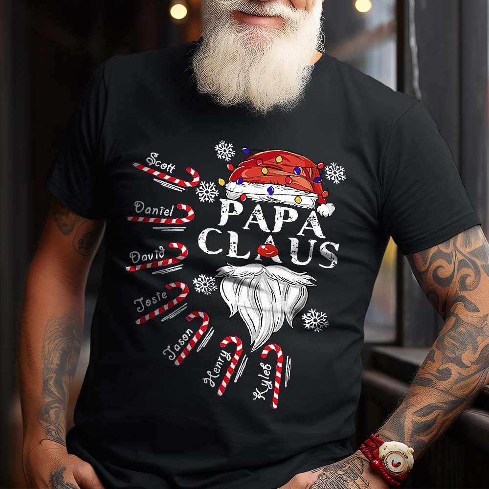Custom Name T-shirt Papa Claus with Candy Cane Christmas T-Shirt Gift For Dad	 - FaceSocksUSA