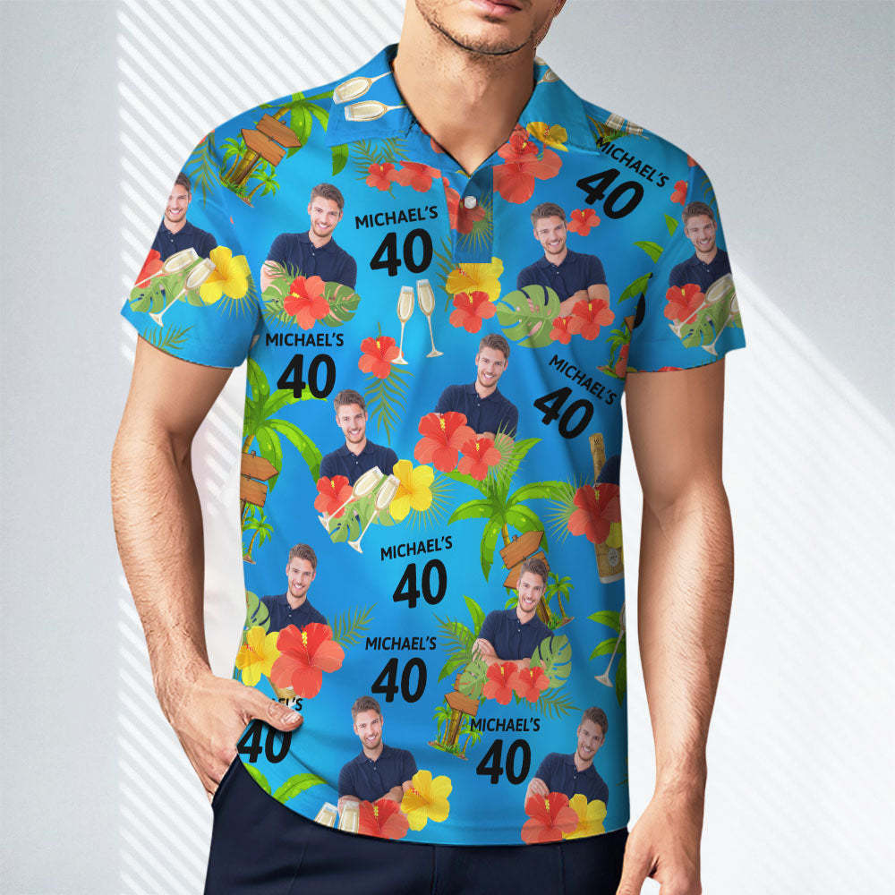 Custom Face Birthday Polo Shirt For Men Personalized Date and Name Yellow Flower And Palm Tree Polo Shirt	 - FaceSocksUSA