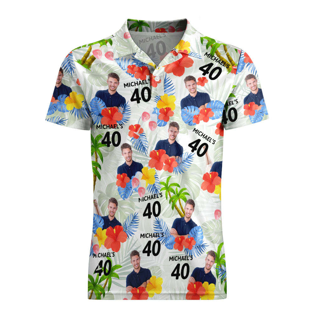 Custom Face Birthday Polo Shirt For Men Personalized Date and Name Yellow Flower And Palm Tree Polo Shirt	 - FaceSocksUSA