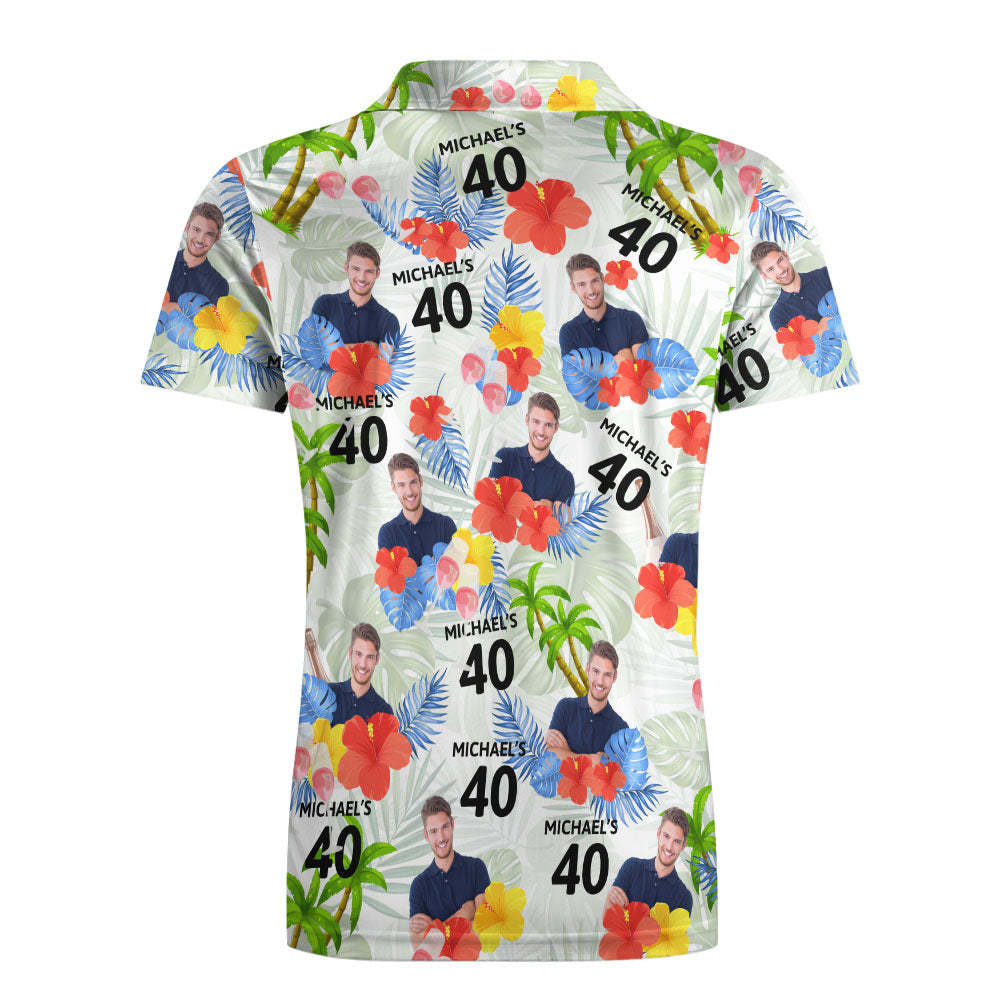 Custom Face Birthday Polo Shirt For Men Personalized Date and Name Yellow Flower And Palm Tree Polo Shirt	 - FaceSocksUSA