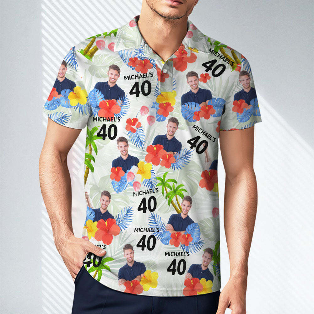 Custom Face Birthday Polo Shirt For Men Personalized Date and Name Yellow Flower And Palm Tree Polo Shirt	 - FaceSocksUSA