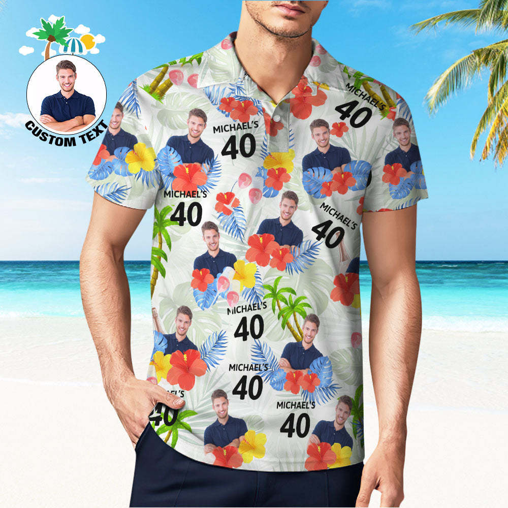 Custom Face Birthday Polo Shirt For Men Personalized Date and Name Yellow Flower And Palm Tree Polo Shirt	 - FaceSocksUSA