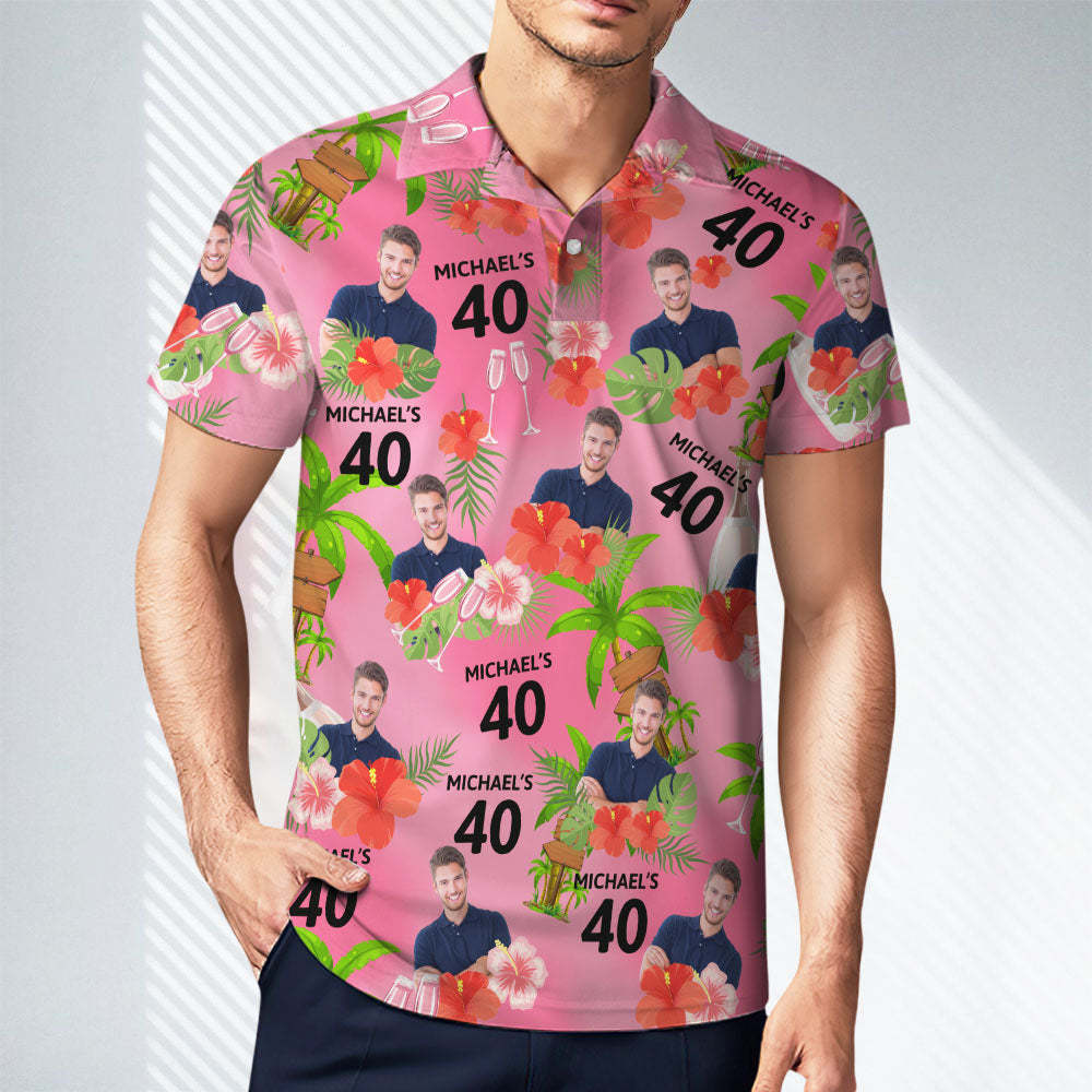 Custom Face Birthday Polo Shirt For Men Personalized Date and Name Yellow Flower And Palm Tree Polo Shirt	 - FaceSocksUSA
