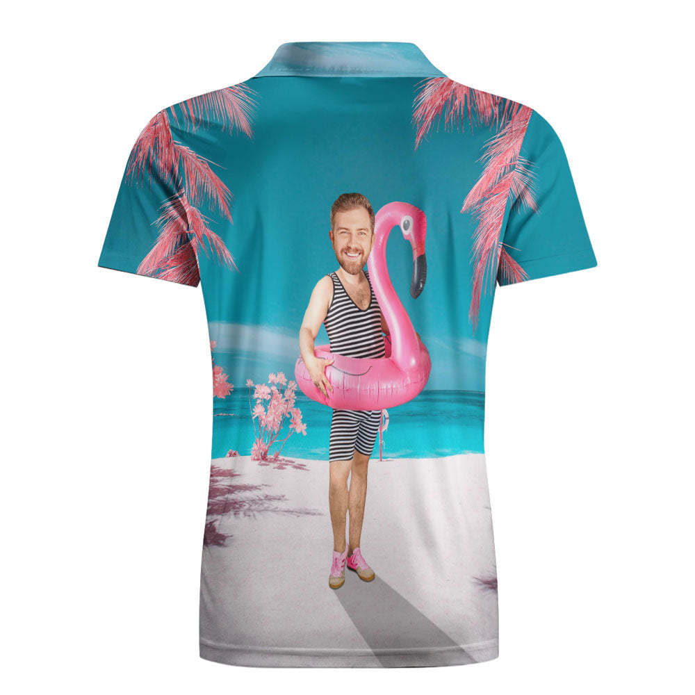 Custom Funny Face Flamingo Polo Shirt Flamingo Swim Ring Polo Shirt For Men	 - FaceSocksUSA
