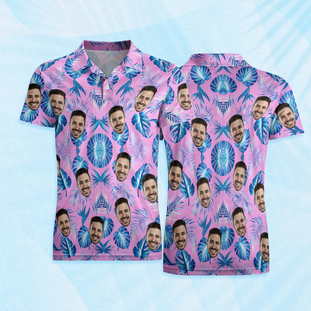 Custom Face Polo Shirt Pink Polo Shirt Blue Palm Leaf Polo Shirt Gift For Him	 - FaceSocksUSA
