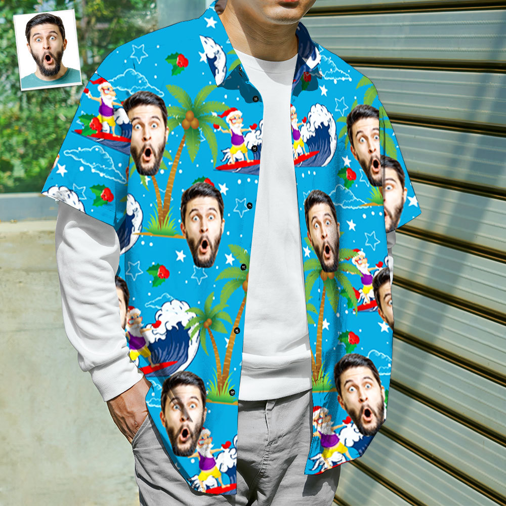 Custom Face Shirt Personalized Photo Men's Hawaiian Shirt Christmas Gift - Surfing Santa - FaceSocksUSA
