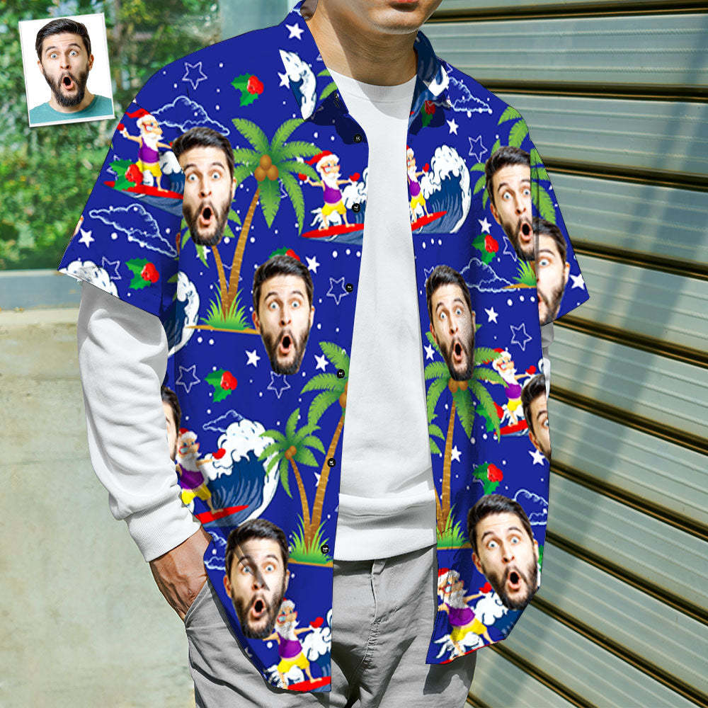 Custom Face Shirt Personalized Photo Men's Hawaiian Shirt Christmas Gift - Surfing Santa - FaceSocksUSA