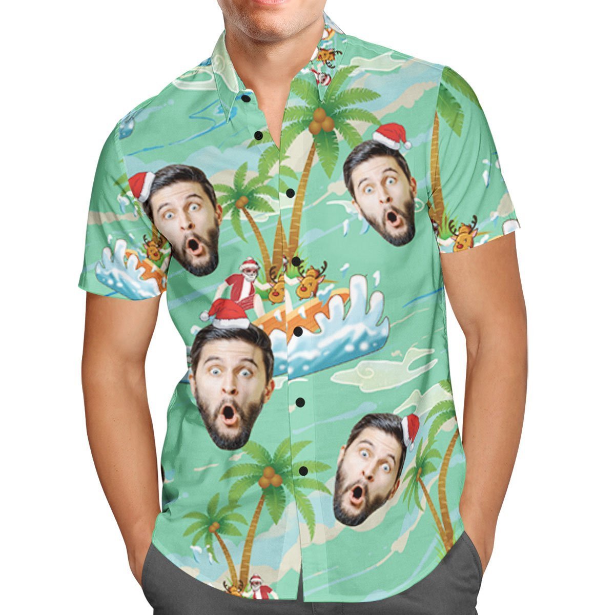 Custom Face Personalized Christmas Hawaiian Shirt Santa Claus Seaside Surf Holiday Gift - FaceSocksUSA